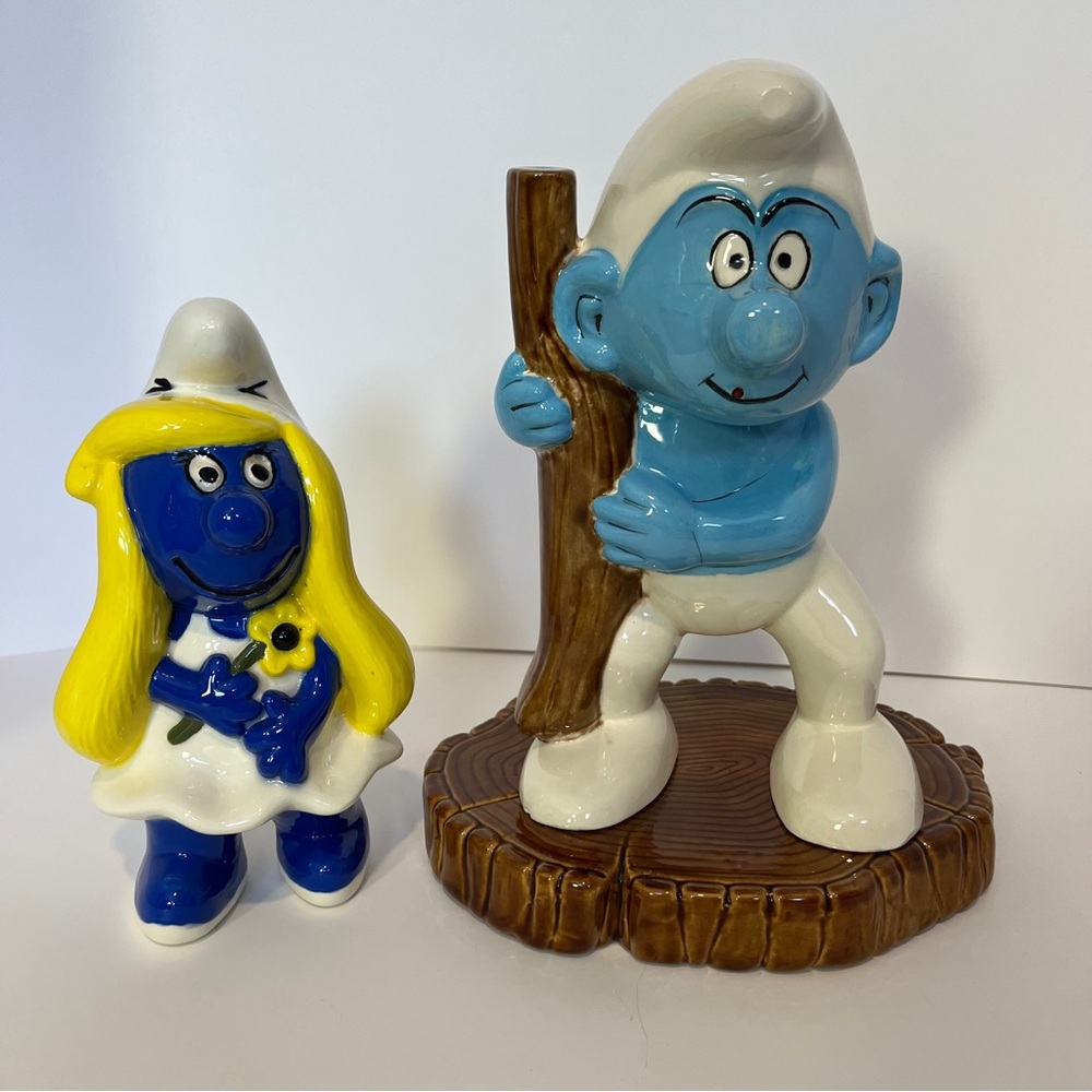 Vintage 80s Smurf and Smurfette With Wooden Base Ceramic Porcelain Set Figures